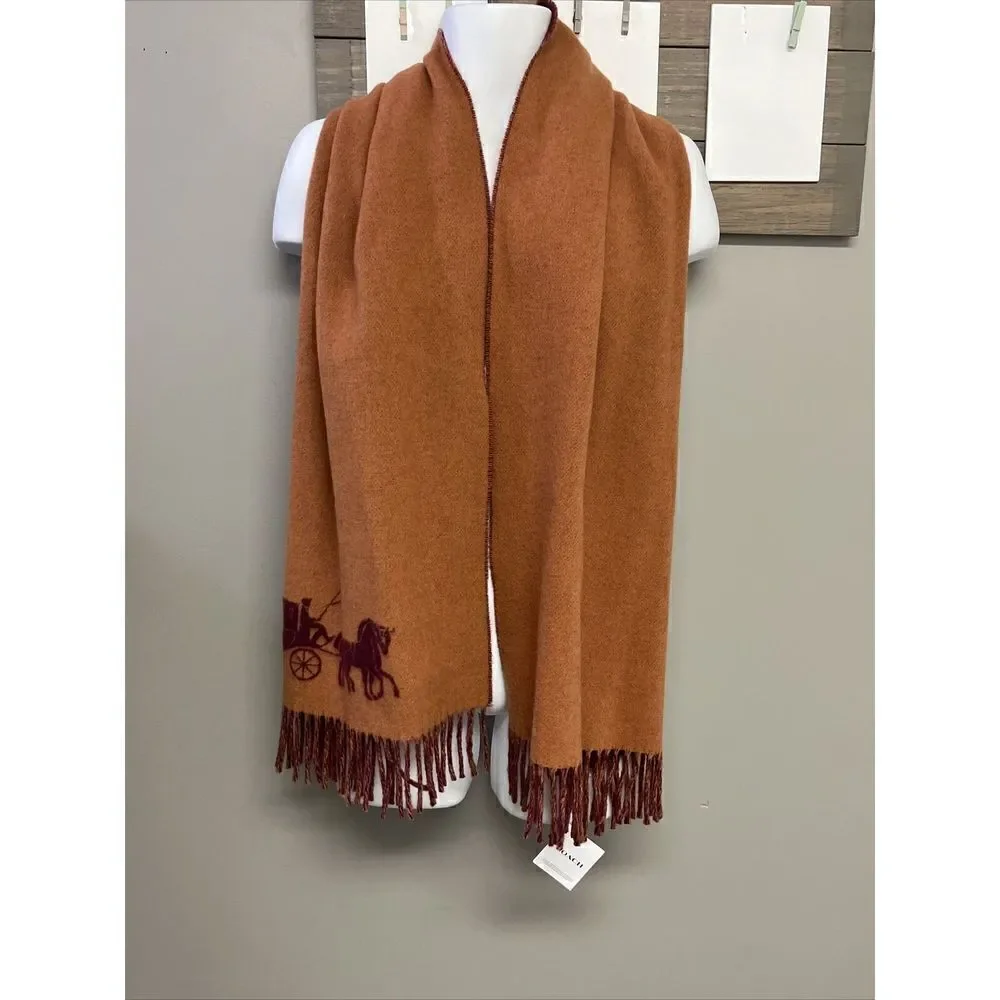 Coach Horse & Carriage Jacquard 100% Wool Scarf/ Wrap Cherry Ginger Made Italy